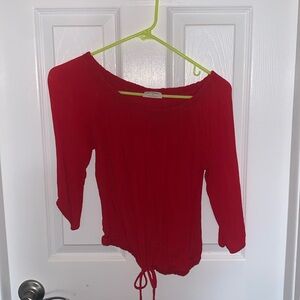 Red off shoulder scrunchie tie at the bottom top